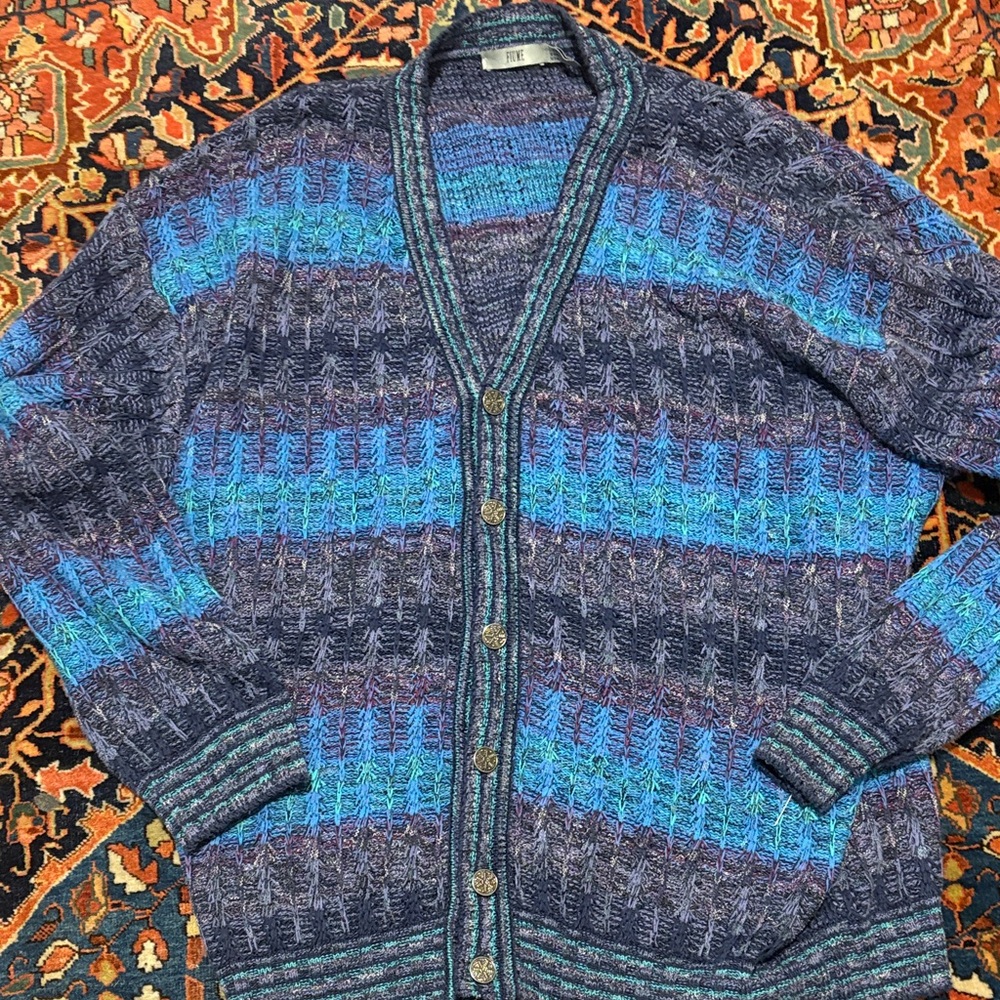 Vintage Italian 3D Knit Blue Striped Men’s Cardigan Sweater